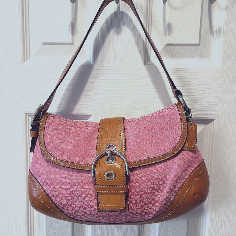 Coach Pink Signature Canvas with Tan Leather Trim Shoulder Bag